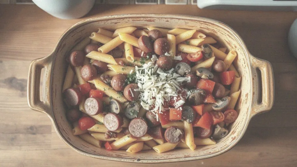 Prosta zapiekanka z makaronem i kiełbasą – szybki przepis na obiad